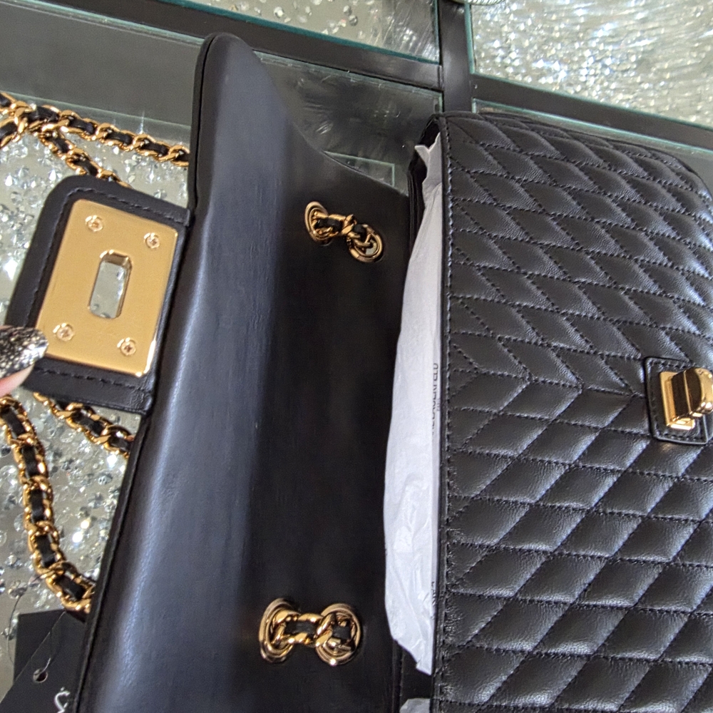Karl Lagerfeld Black Quilted Shoulder Bag with Gold Chain and Pearl Accents - Picture 6 of 9